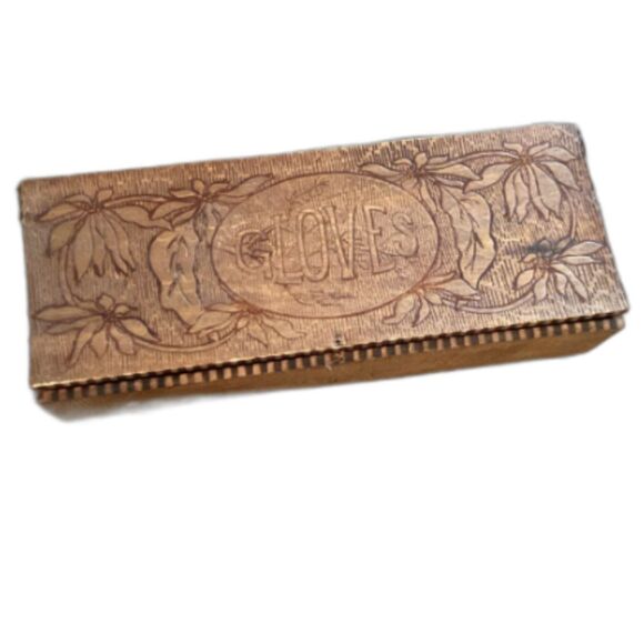 VINTAGE WOOD PYROGRAPHY HANDMADE HINGED GLOVE BOX - Picture 1 of 8